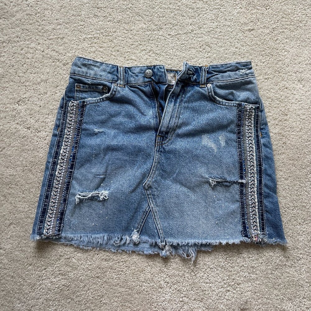 Free People Denim Skirt Size 4 with Distress, Sequence and Beading Detail